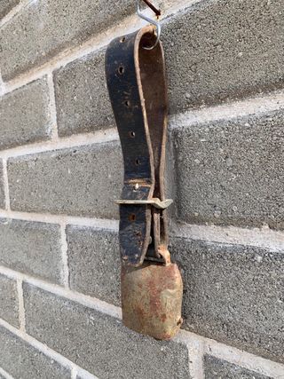 Campana antica con collare in cuoio