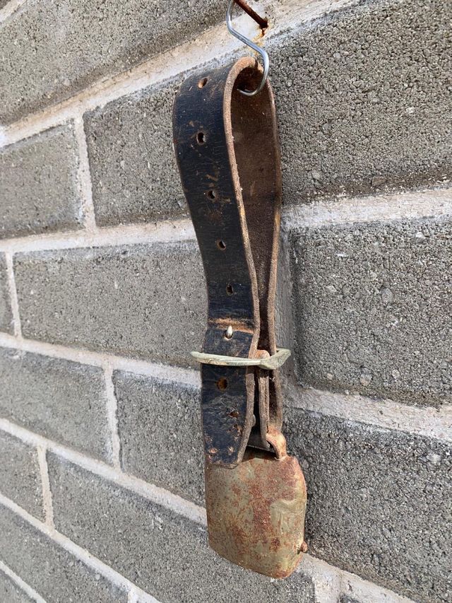 Campana antica con collare in cuoio