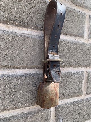 Campana antica con collare in cuoio