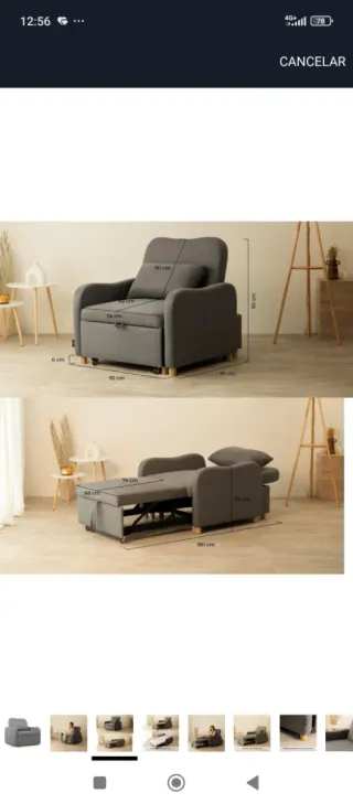 Sofá Cama Individual Gris Tela