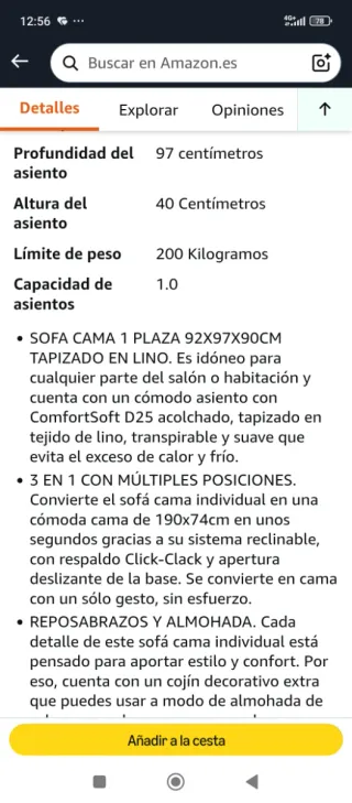 Sofá Cama Individual Gris Tela