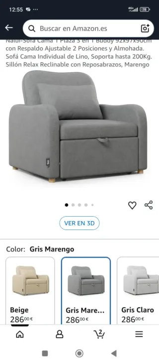 Sofá Cama Individual Gris Tela