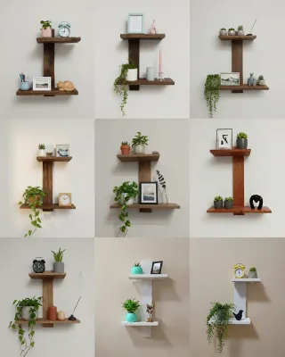 Estantería de madera y artículos de madera