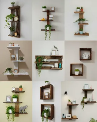 Estantería de madera y artículos de madera