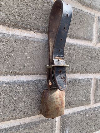 Campana antica con collare in cuoio