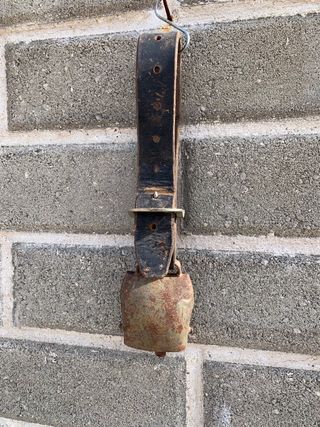 Campana antica con collare in cuoio