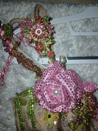 Vestido fiesta gitana beige y rosa