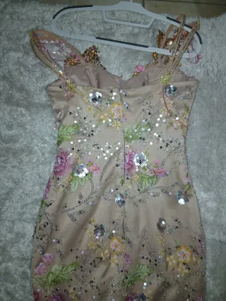 Vestido fiesta gitana beige y rosa