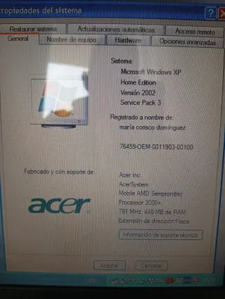 Portátil Acer AMD Windows XP