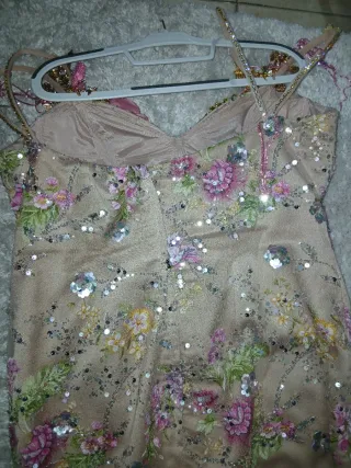 Vestido fiesta gitana beige y rosa