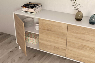 Aparador Nórdico 3 Puertas, Blanco Brillo y Roble