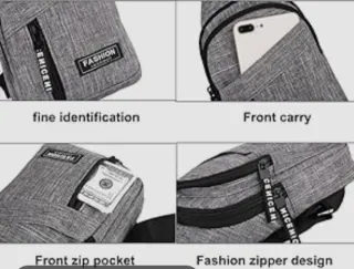 Mochila bandolera pequeña gris, precintada.