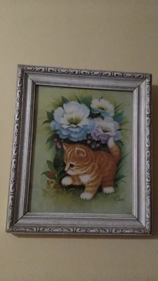 Cuadro Gatito Naranja Flores Decoración