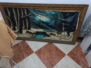 Cuadro antiguo paisaje bosque ciervos