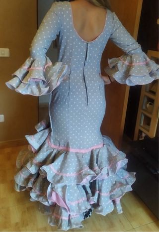 Vestido Flamenco Gris Lunares Volantes Rosa