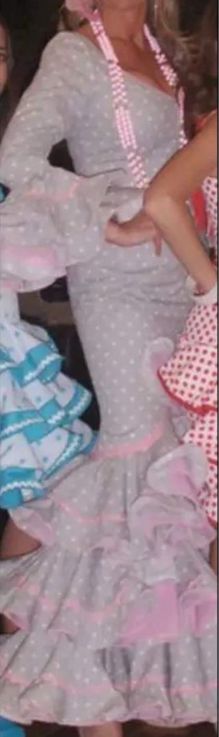 Vestido Flamenco Gris Lunares Volantes Rosa