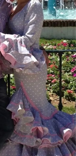 Vestido Flamenco Gris Lunares Volantes Rosa