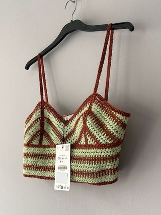 Top Zara Crochet Verde y Marrón Talla S