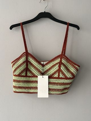 Top Zara Crochet Verde y Marrón Talla S