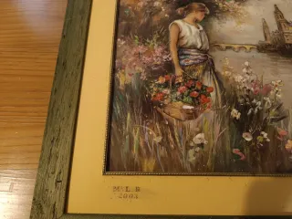 Cuadro antiguo mujer con cesta de flores