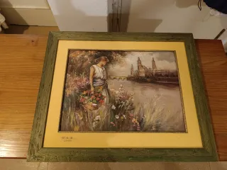 Cuadro antiguo mujer con cesta de flores