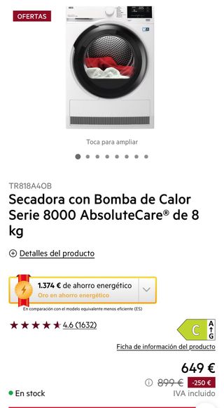 Secadora AEG Serie 8000 8kg Bomba Calor