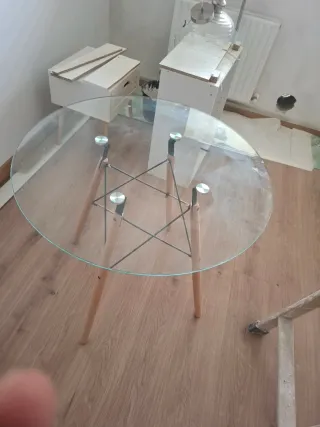 Mesa redonda cristal y madera 70cm a estrenar