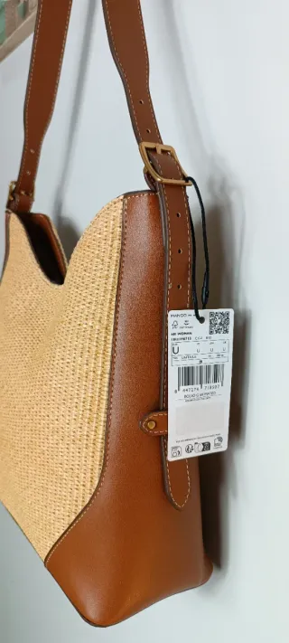 Bolso Rafia y Piel sintética Mango Beige Marrón