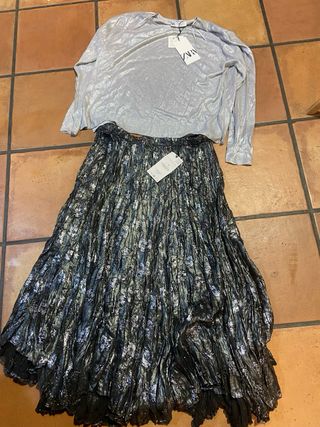 Conjunto Zara falda y jersey plateado