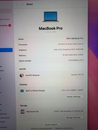 MacBook Pro 15” 2019 i7 16GB RAM 256GB SSD