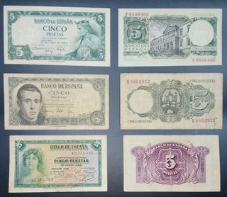 Lote 6 Billetes Antiguos 5 Pesetas España