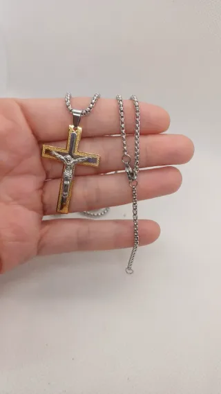 Cadena y Cruz Acero y Chapado Oro 18k