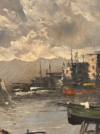 Pintura al óleo de puerto con barcos