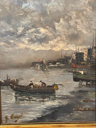 Pintura al óleo de puerto con barcos
