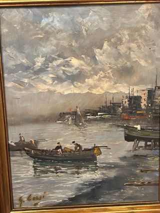 Pintura al óleo de puerto con barcos
