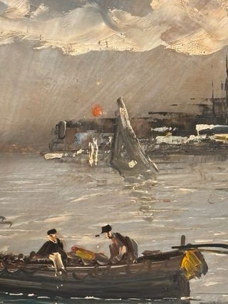 Pintura al óleo de puerto con barcos