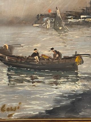 Pintura al óleo de puerto con barcos