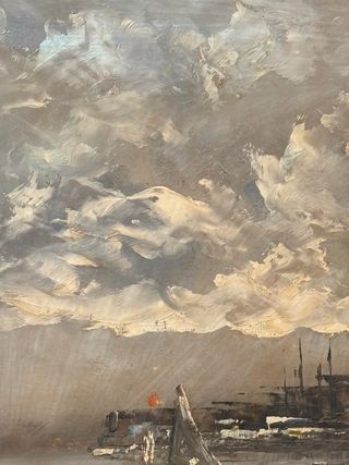 Pintura al óleo de puerto con barcos