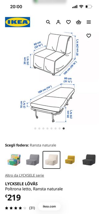 Poltrona letto IKEA LYCKSELE LÖVÅS bianca