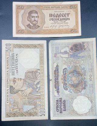 Billetes antiguos de colección: 50, 100 y 500 Dina