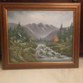 Cuadro al óleo paisaje montaña y cascada