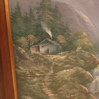 Cuadro al óleo paisaje montaña y cascada