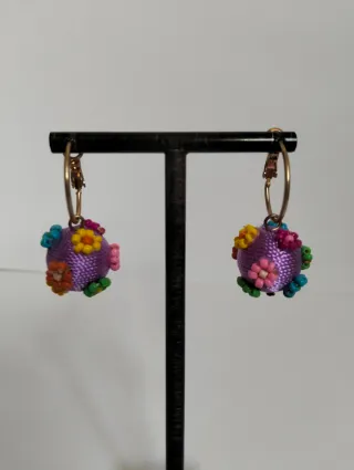 Pendientes aro bola flores cuentas colores