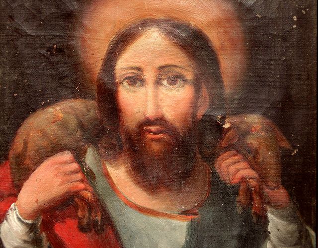 ÓLEO SOBRE LIENZO EL BUEN PASTOR MARCO ÉPOCA SXIX