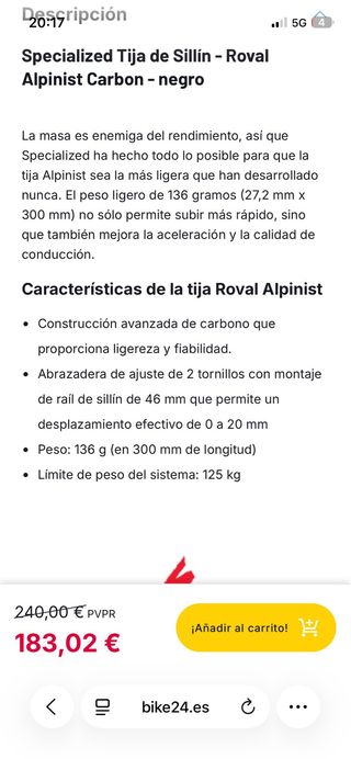 Tija Roval Alpinist 27.2mm x 300mm retroceso 20mm