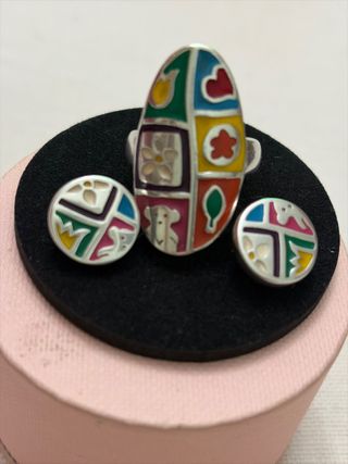 Conjunto Tous Plata Anillo y Pendientes Multicolor