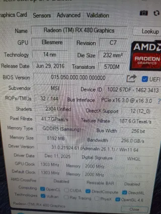 MSI RX 480 8GB GDDR5 Tarjeta Gráfica