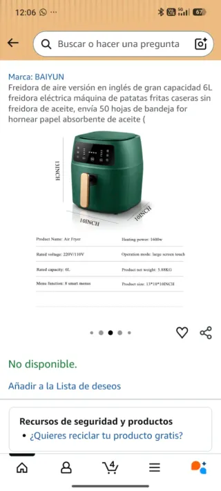 Freidora de Aire Grande de 6L nueca