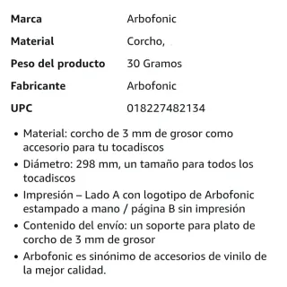 Alfombrilla de corcho Arbofonic para tocadiscos