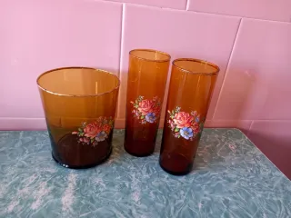 Juego de 3 vasos ámbar con flores